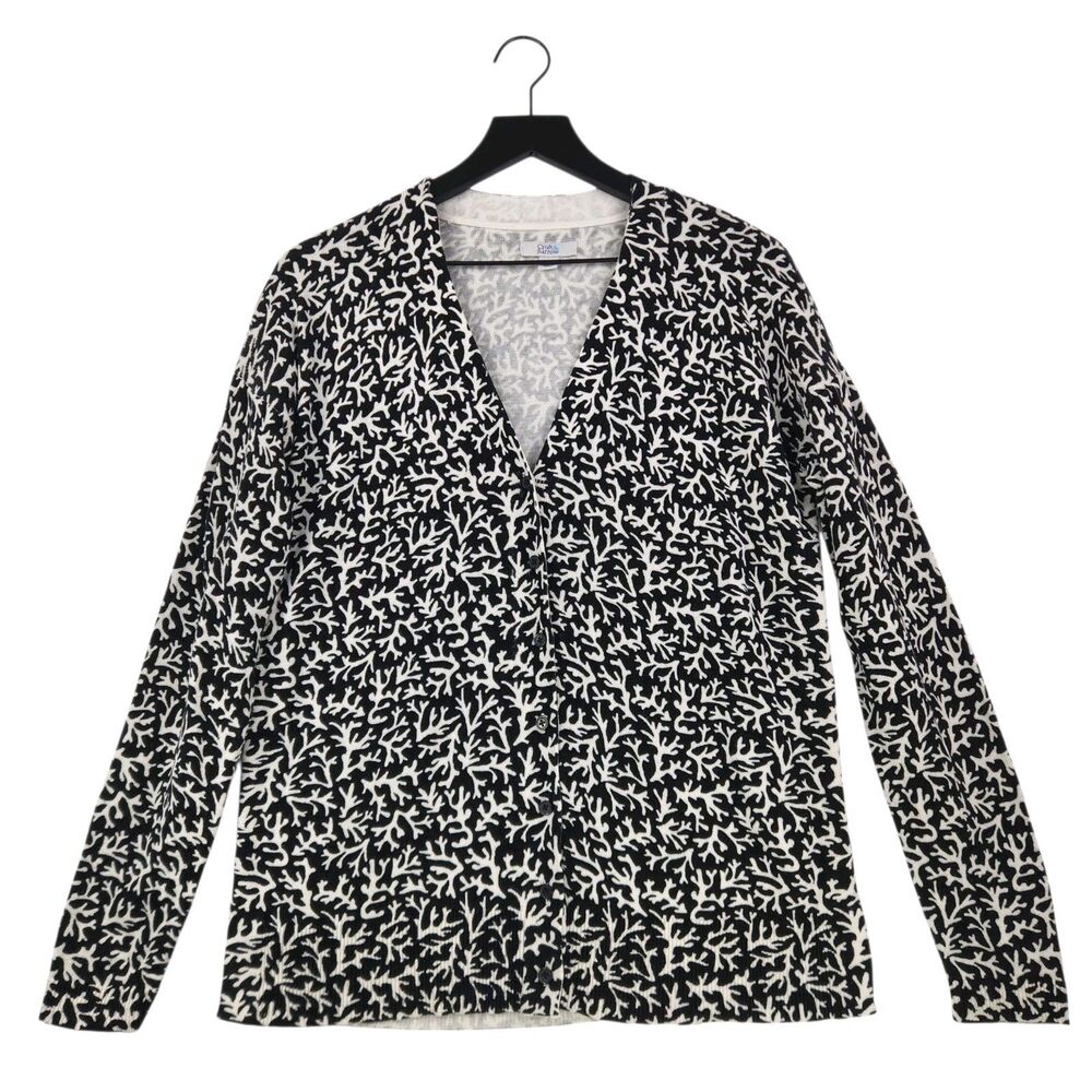 Womens V-Neck Cardigan Medium Black Abstract Marine Coral Print Artsy Beach Bold